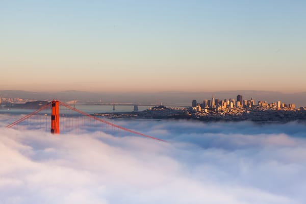 Обои San Francisco, город, туман, California, Калифорния, USA, мост, утро