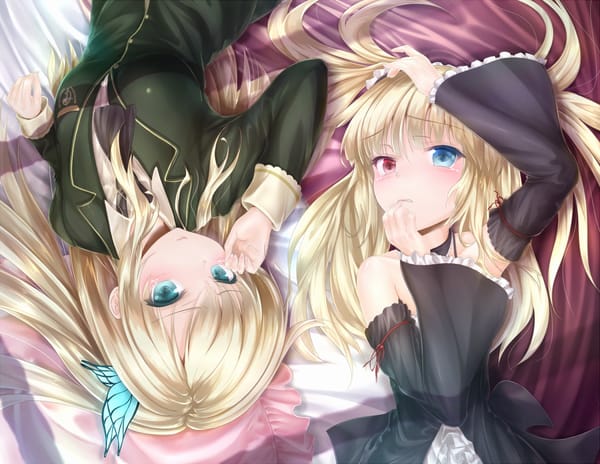 Обои арт, взгляд, кровать, девушки, kashiwazaki sena, заколка, школьная форма, у меня мало друзей, красная линза, anime, boku wa tomodachi ga sukunai, girls, блондинки, аниме, hasegawa kobato, wingheart, подушка, слезы, лежат
