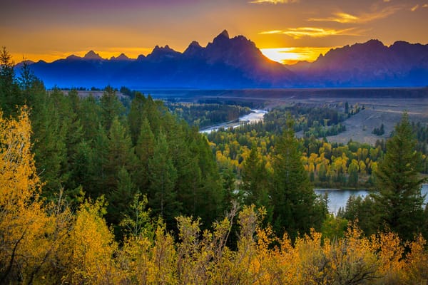 Обои осень, лес, закат, горы, Snake River View, река, солнце, Grand Tetons, США