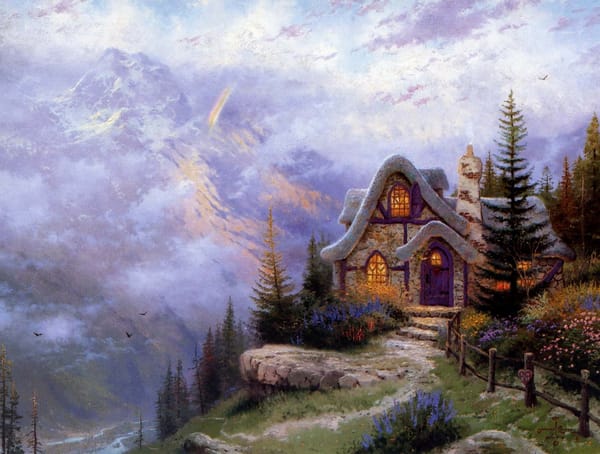 Обои Thomas Kinkade, Sweetheart Cottage III, живопись, коттедж, дом, ель, горы, каменный, ландшафт, склон горы