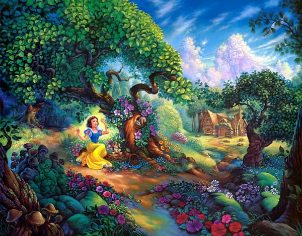 Обои цветы, Snow Whites, painting, cartoon, Tom duBois, домик, Snow Whites Magical Forest, forest, Walt Disney
