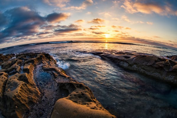 Обои La Jolla, Тихий океан, горизонт, Сан-Диего, Калифорния, San Diego, камни, Pacific Ocean, California, побережье, Ла-Хойя, закат