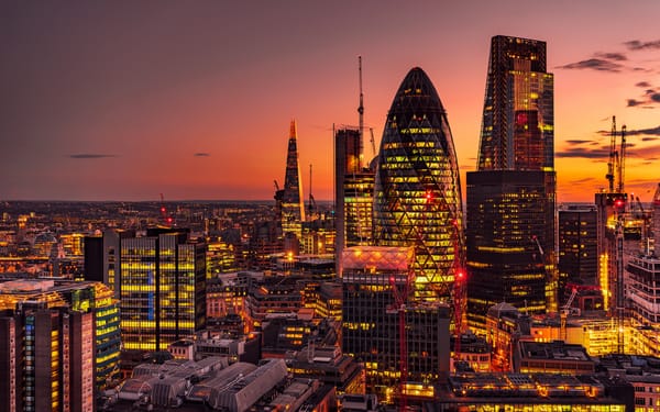 Обои закат, Лондон, ночной город, здания, 30 St Mary Axe, London, England, небоскрёбы, Англия, панорама, Сент-Мэри Экс 30, Небоскрёб Мэри-Экс, The Gherkin