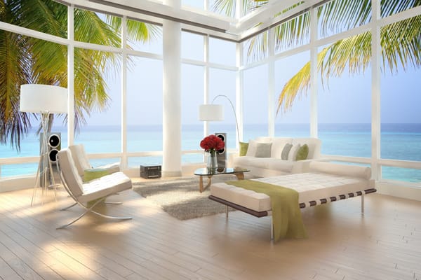 Обои Interior, современный, Beach Loft, дизайн, роскошный, вид на море, стулья, bed, кровати, стильный, пальмы, Apartment, design, Интерьер, Modern, sea view, Luxury, chairs, stylish, квартира, palm trees, Пляж Лофт