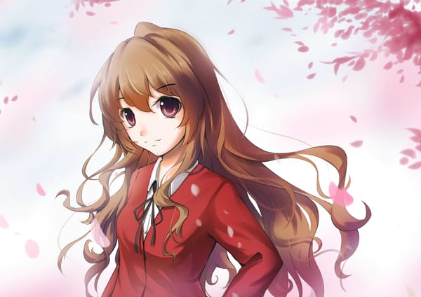 Обои anime, девушка, lancefate, toradora!, взгляд, улыбка, школьная форма, aisaka taiga, лепестки, art