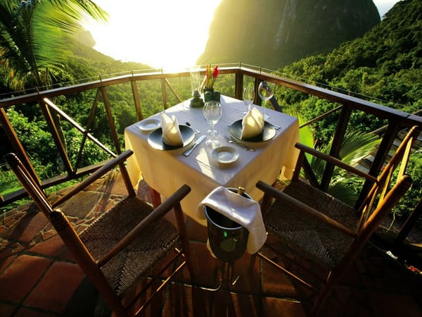 Обои Caribbean islands, вид, Карибские острова, горы, table for two, mountain, Сент-Люсия, Saint Lucia, столик на двоих, view