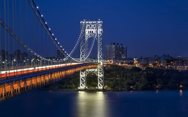 Обои George Washington Bridge, мост, New York City, Hudson River, мост Джорджа Вашингтона, GWB, ночной город, Нью-Йорк, река Гудзон, GW Bridge