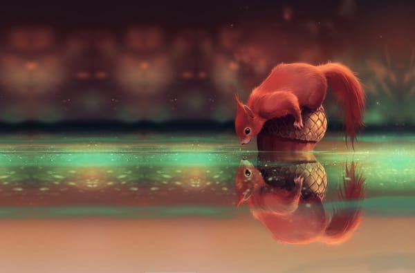 Обои белочка, арт, What do you wanna ?, ручей, жёлудь, орех, детская, Cyril Rolando