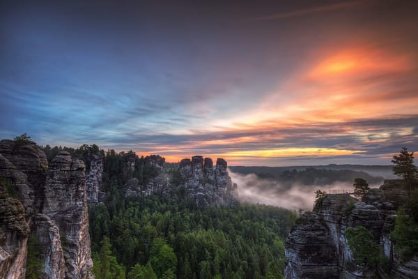 Обои Саксонская Швейцария, песчаниковые горы, Германия, закат, Bastei