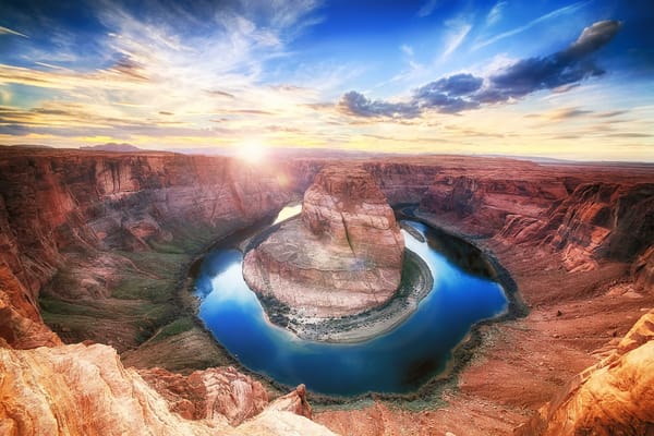 Обои каньон, рассвет, Horseshoe Bend, солнце, природа, река Колорадо, река Подкова, Подкова
