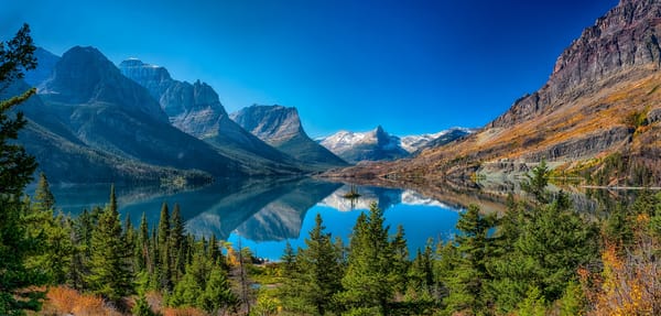 Обои Glacier National Park, деревья, отражение, Montana, Скалистые горы, Saint Mary Lake, Озеро Сейнт Мэри, озеро, Национальный парк Глейшер, горы, Wild Goose Island, Монтана, Rocky Mountains
