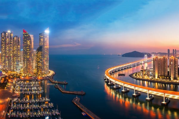 Обои гавань, мост, Мост Кванан, закат, море, South Korea, Залив Суёнман, небоскрёбы, здания, Южная Корея, Busan, Gwangan Bridge, Пусан, ночной город, порт