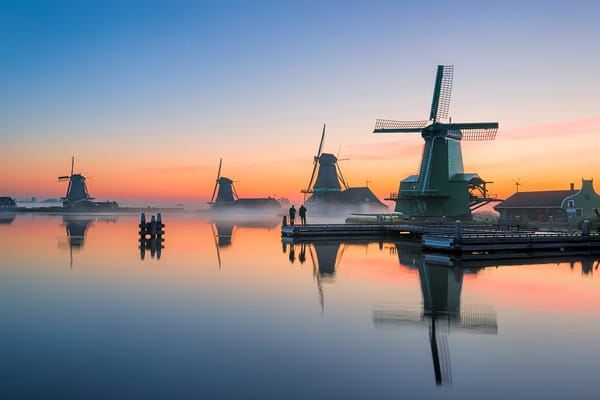 Обои Голландия, вечер, закат, канал, Zaanse Schans, мельницы, Нидерланды