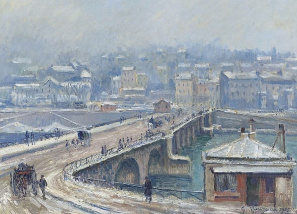 Обои Мост в Сен-Клу под Снегом, Жорж-Анри Манзана-Писсарро, Georges Henri Manzana Pissarro, зима, картина, городской пейзаж