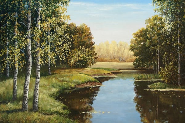 Обои живопись, Луценко, дыхание осени, художник, вода, картина, небо, берёзы, лес, берег, река