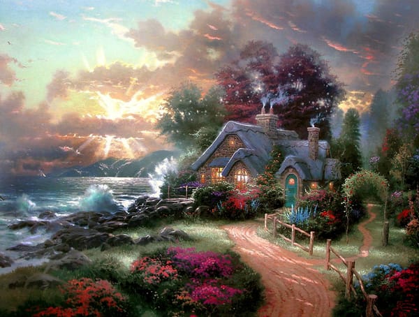 Обои море, рассвет, A New Day Dawning, коттедж, Thomas Kinkade, утренняя заря, волнующееся море