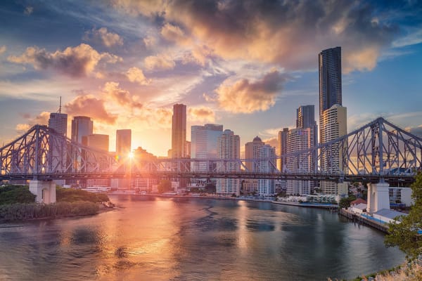 Обои Квинсленд, Брисбен, Австралия, Australia, Queensland, Стори-Бридж, закат, здания, Brisbane, небоскрёбы, мост, Brisbane River, Река Брисбен, река, дома, Story Bridge