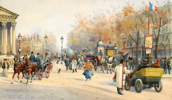 Обои бульвар, Boulevard des Capucines, повозка, флаг Франции, Paris, Anna Palm de Rosa, витрины, часы, Франция, фонари