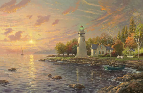 Обои Serenity Cove, вечер, painting, Томас Кинкейд, беседка, озеро, штиль, осень, Эри, закат, Marblehead Lighthouse, дом, Canada USA, парус, маяк, живопись, Thomas Kinkade, Lake Erie, лодка