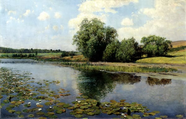 Обои живопись, Остроухов, картина, кусты, камыш, вода, кувшинки, речка в полдень, деревья, небо