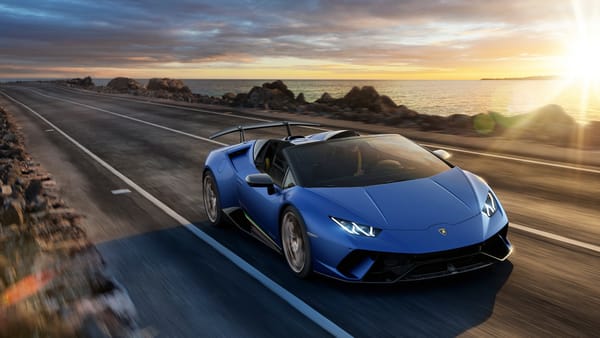 Обои побережье, Huracan, Spyder, Lamborghini, закат, 2018, Perfomante