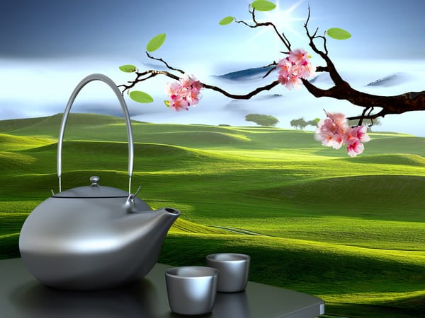 Обои Восточные пейзажи, 3D, чашки, Сакура, чайник