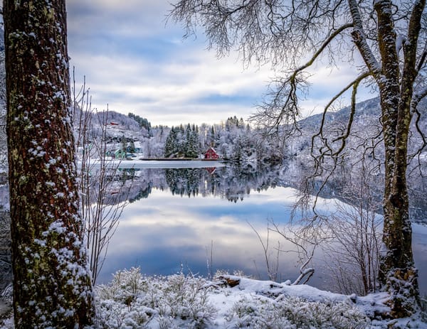 Обои Норвегия, Sogn og Fjordane, Norway, зима, деревья, деревня, Flekke, Flekkefjorden, домики, отражение, фьорд
