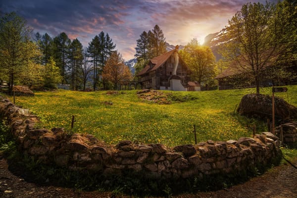 Обои закат, деревья, Switzerland, дом, музей, Ballenberg, Балленберг, забор, Швейцария, лужайка, деревня