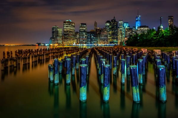 Обои New york city, небоскребы, Нижний Манхэттен, East River, город, usa, огни, Ист Ривер, Brooklyn Bridge Park, ночь, Lower Manhattan, NYC, США