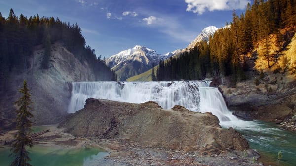 Обои Wapta Falls, Canada, Канада, Yoho National Park, British Columbia, водопад, горы, Kicking Horse River