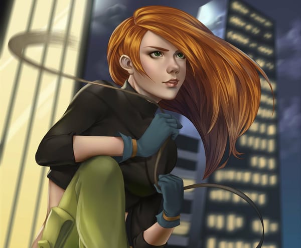 Обои Kim Possible, рыжая, небоскребы, Ким Пять с Плюсом, взгляд