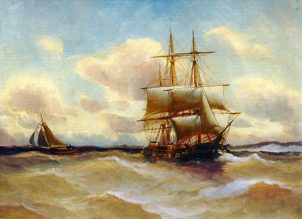 Обои Alfred Jansen, картина, паруса, шторм, корабль, волны, небо, море, пейзаж, лодка