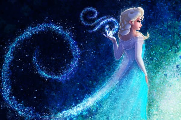 Обои Queen Elsa Frozen, платье, белые волосы, взгляд, мультфильм, снежинки, арт