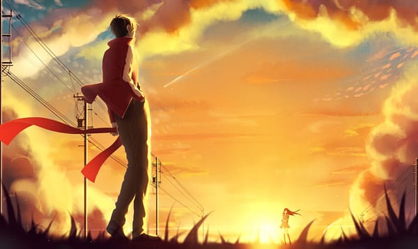 Обои арт, kisaragi shintaro, провода, облака, kagerou project, аниме, парень, девушка, столбы, солнце, закат, шарф, небо, p.rupon, tateyama ayano