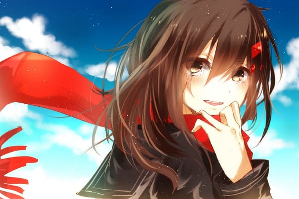 Обои арт, небо, chunnkoromochi, шарф, девушка, kagerou project, облака, tateyama ayano, аниме, радость, слезы