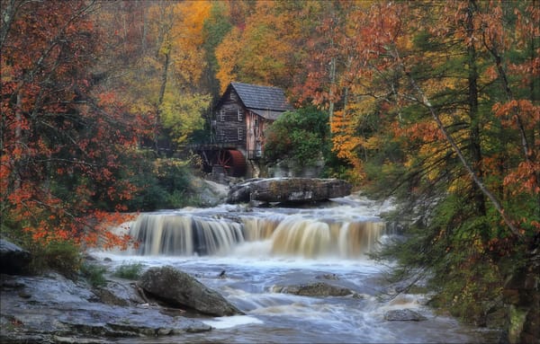 Обои поток, округ Фейетт, Babcock State Park, штат Западная Виргиния, осень, река, США, New River Gorge, водяная мельница