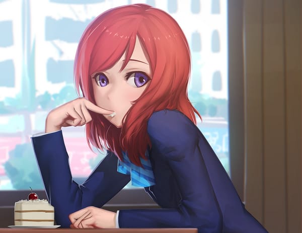 Обои art, удивление, тортик, nishikino maki, взгляд, love live! school idol project, девушка, maredoro, вишенка