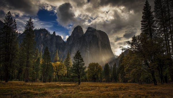 Обои Yosemite National Park, трава, горы, осень, скалы, деревья, США, Сьерра-Невада, небо, вечер