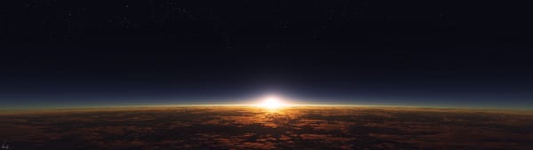 Обои планета, поверхность, атмосфера, рассвет, восход, облака, звёздное небо, звезда