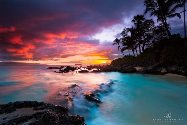 Обои Kenji Yamamura, Secret Beach, пальмы, отров Мауи, Гавайи, закат, photographer