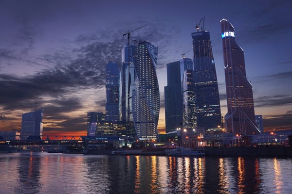 Обои Москва-Сити, Небоскребы, Россия, Небо, Река, Закат, Москва