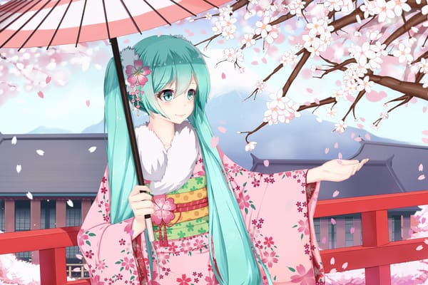 Обои арт, аниме, hatsune miku, кимоно, vocaloid, зонт, sugar sound, девушка, улыбка, лепестки, сакура