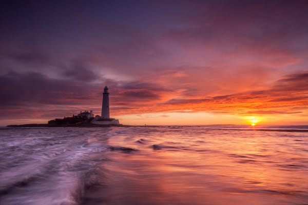 Обои Whitley Bay, море, маяк, England, закат, United Kingdom