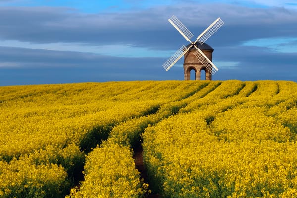 Обои Великобритания, Chesterton Windmill, небо, Апрель, графство, Уорикшир, весна, ветряная мельница, памятник архитектуры, поле, рапс