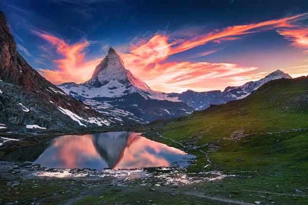 Обои Switzerland, гора, рассвет, озеро, Matterhorn