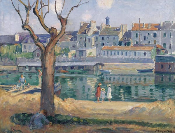 Обои Анри Лебаск, картина, Lagny, View of the Quay of Pamponne, река, люди, дерево, дома, городской пейзаж