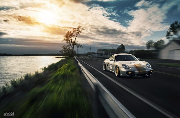 Обои Porsche Cayman, evog, в движении, tuning, car