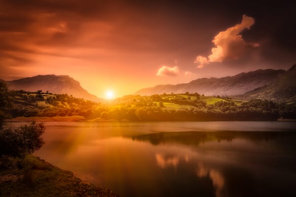 Обои Alfilorios Reservoir, закат, горы, Spain, водохранилище, Asturias, Испания, Астурия