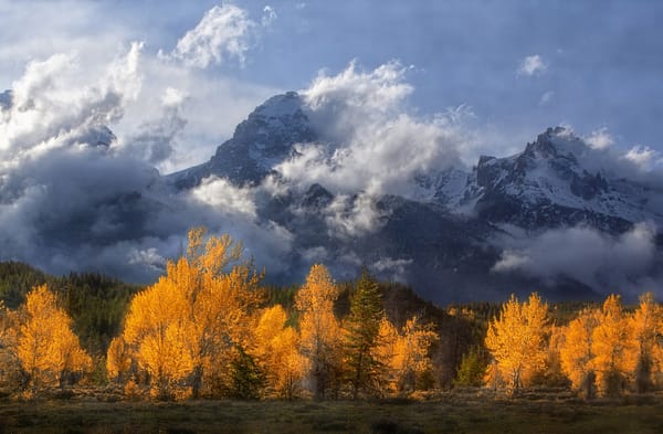 Обои Grand Teton National Park, облака, деревья, Wyoming, Вайоминг, горы, осень, Гранд-Титон, Скалистые горы, Rocky Mountains