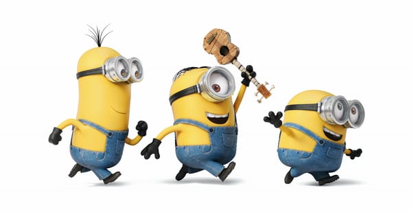 Обои Minions, настроение, желтые, радость, персонажи, очки, Миньоны, трое, перчатки, бегут, белый фон, гитара, мультфильм, комбинезоны